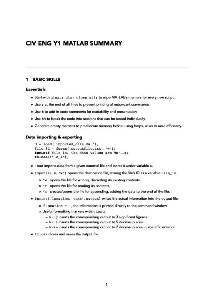 MATLAB and Numeric Computation (CIVE40004) reference guide