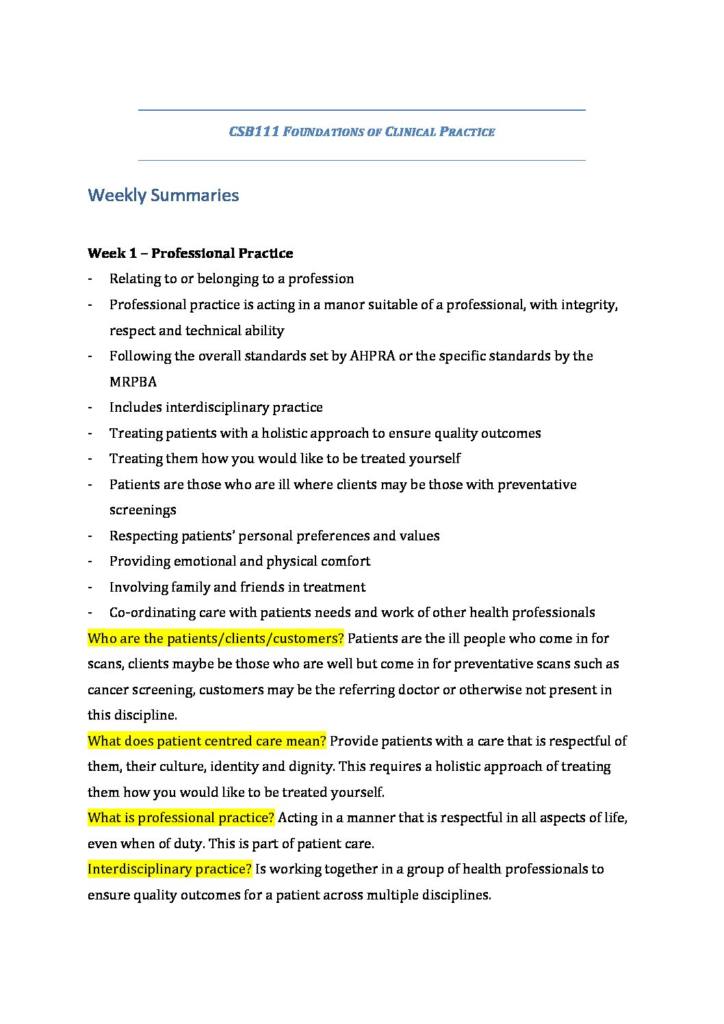 Foundations of Clinical Practice (CSB111) full summary with review questions