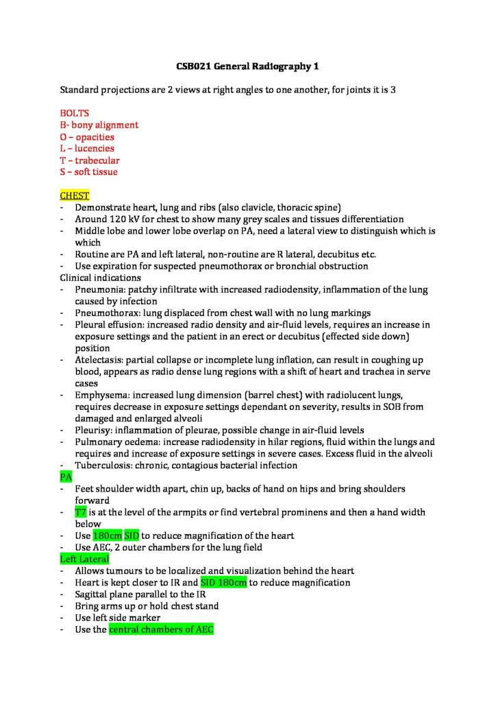 General Radiography 1 (CSB021) exam revision notes