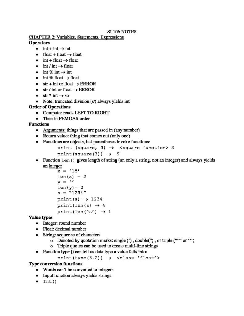 Introduction to Python (SI 106) complete notes | StudyLast