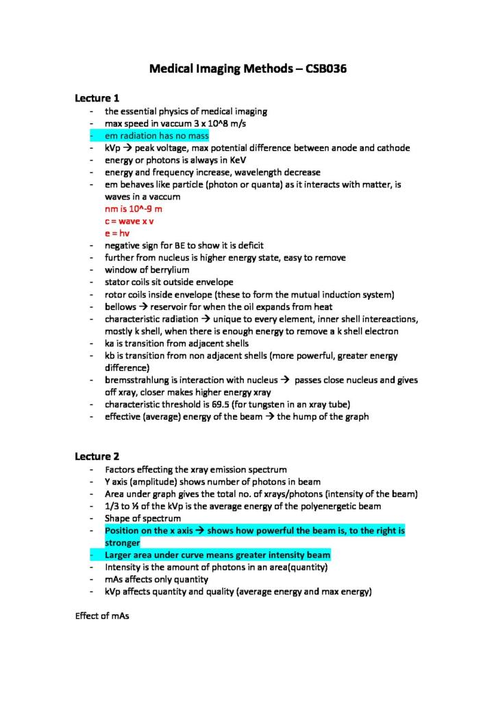 Medical Imaging Methods (CSB036) summary with practise questions