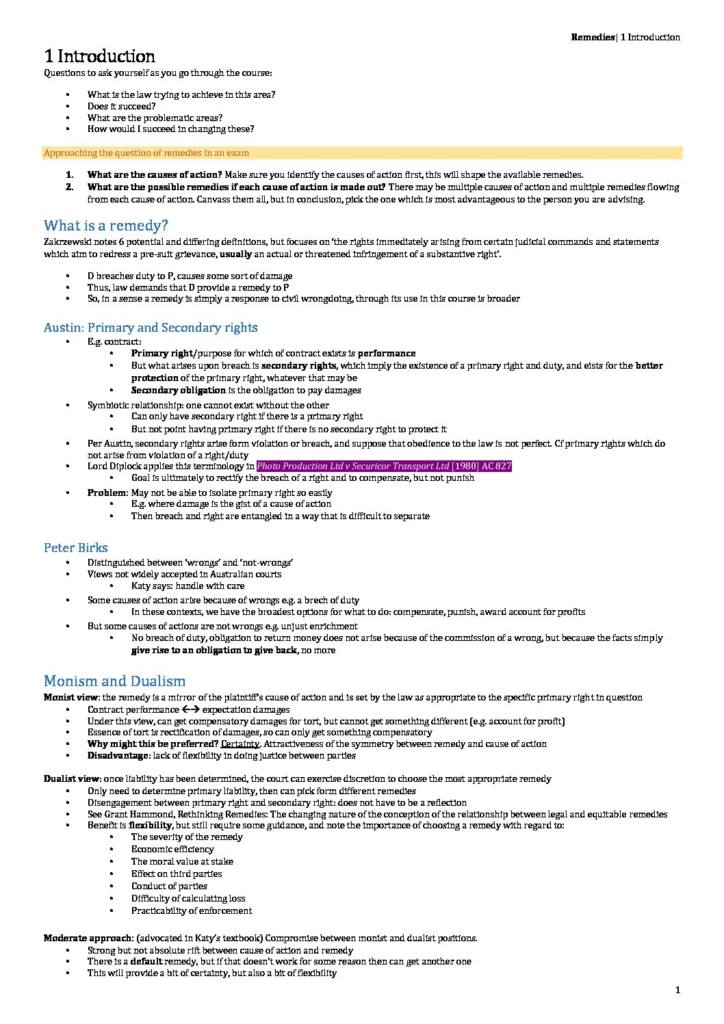 Remedies (LAWS50036) complete notes