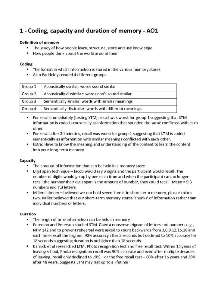 Memory (3.1.2) AQA Psychology AS & A Level notes