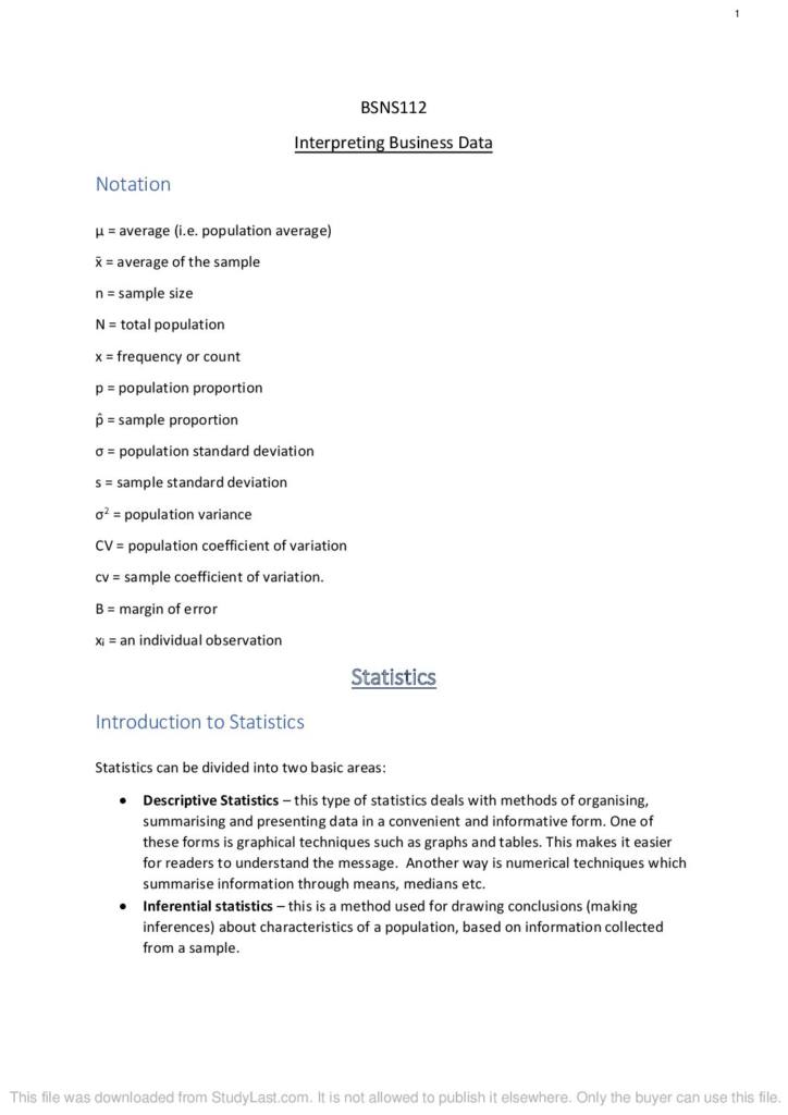 Interpreting Business Data (BSNS112) complete notes