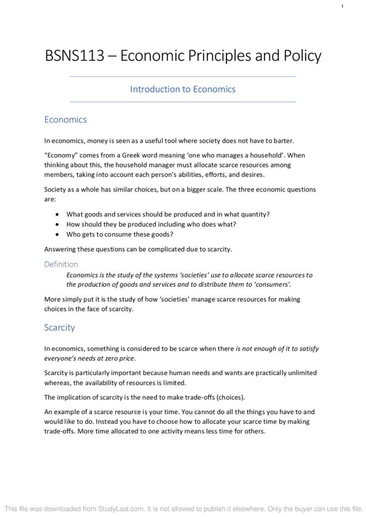 Notes for Economic Principles and Policy (BSNS113) at University of Otago StudyLast