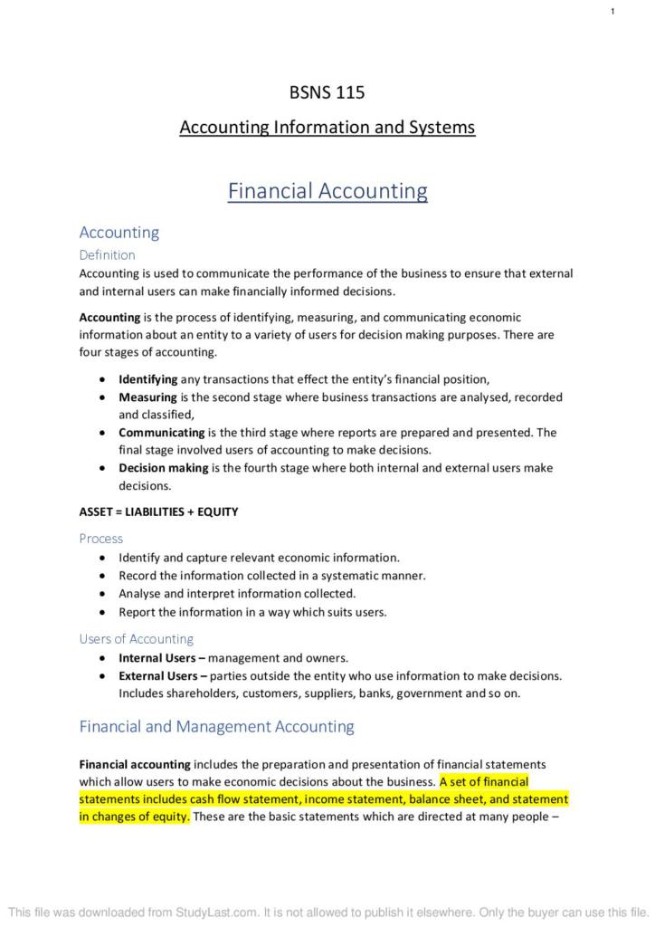 Accounting and Information Systems (BSNS115) complete notes