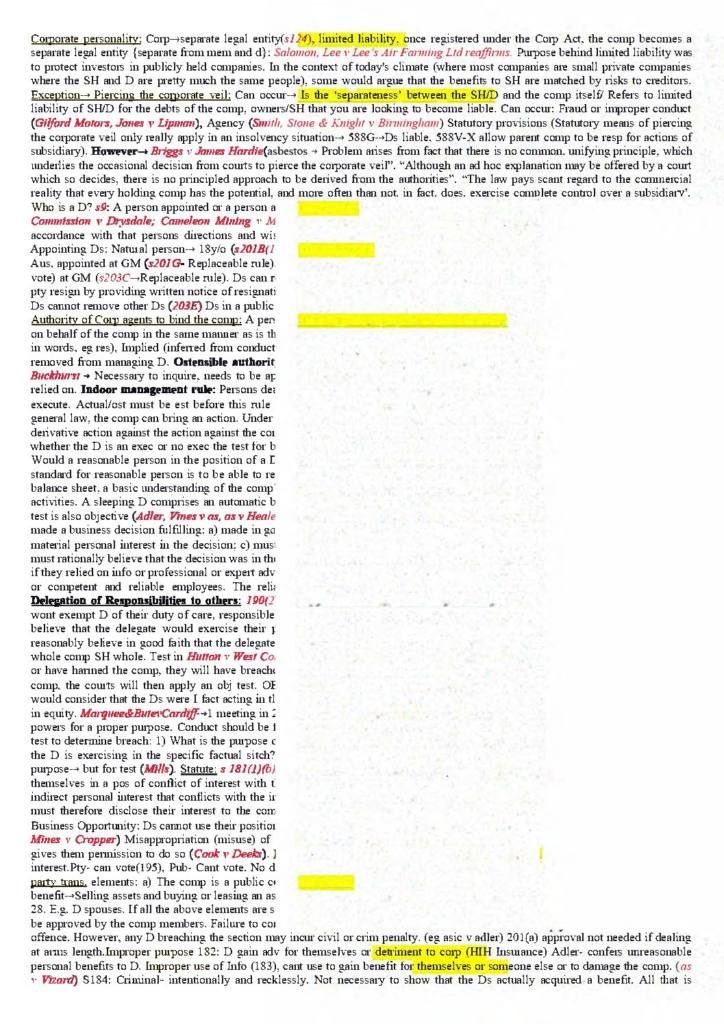 Business Organisations (LAW456) cheat sheet