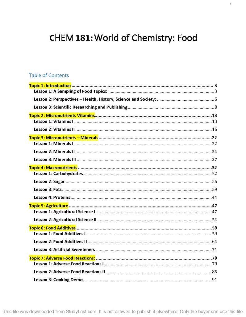 World of Chemistry: Food (CHEM 181) full notes
