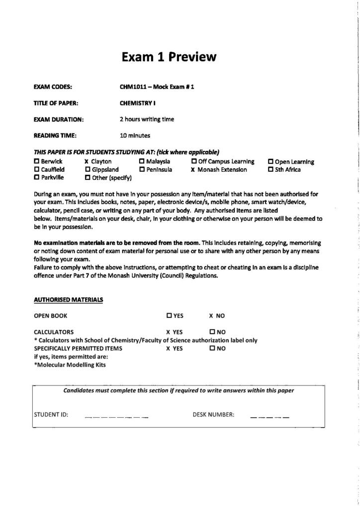 Chemistry 1 (CHM1011) mock exam papers with answers