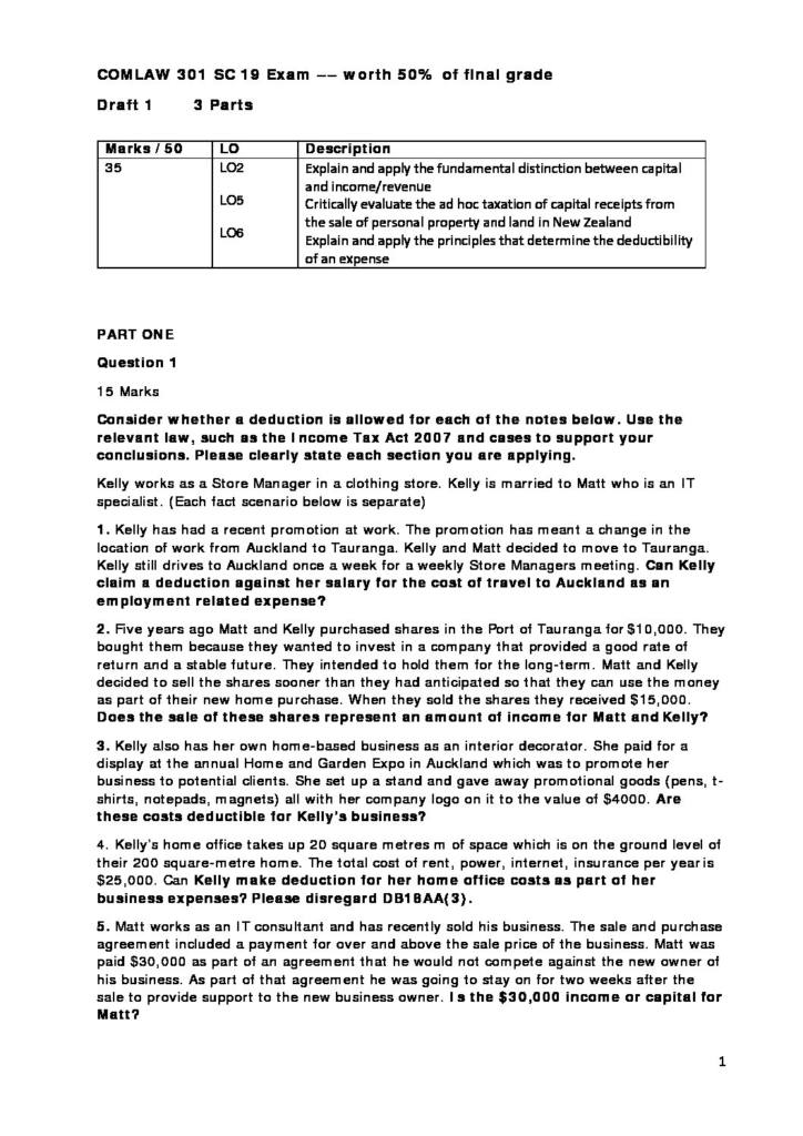 Taxation (COMLAW 301) Semester 2 2019 exam paper with solutions