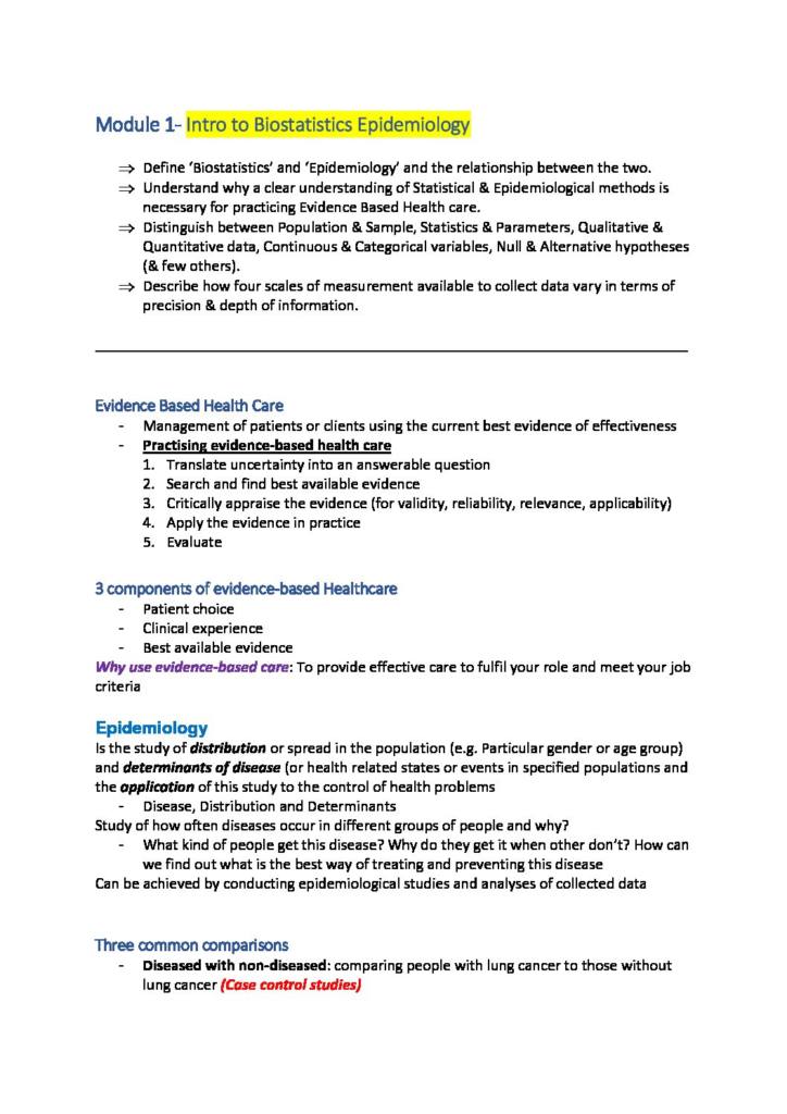 Foundations of Biostatistics and Epidemiology (EPID1000) course summary
