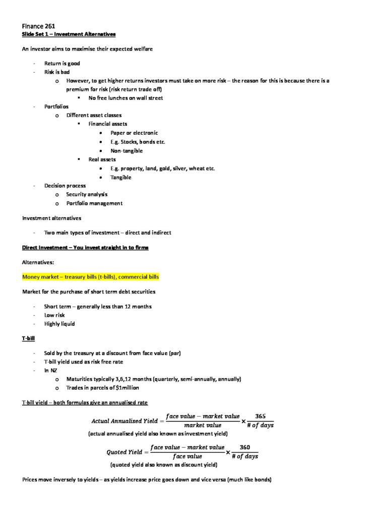Introduction to Investments (FINANCE 261) summary notes
