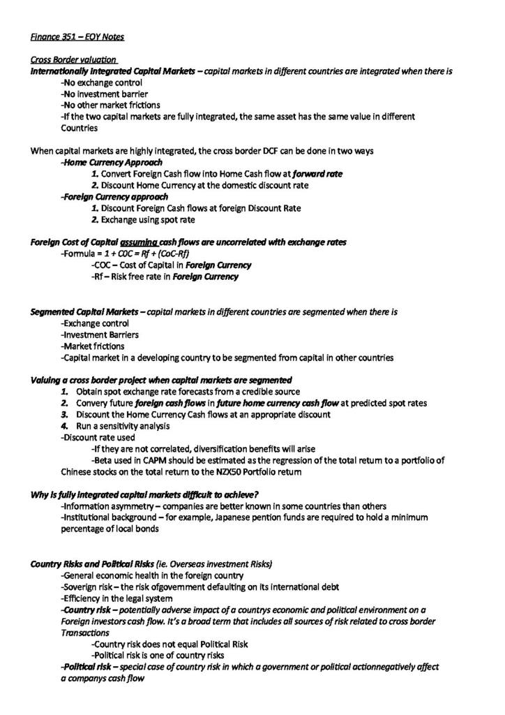 Advanced Financial Management (Finance 351) exam notes