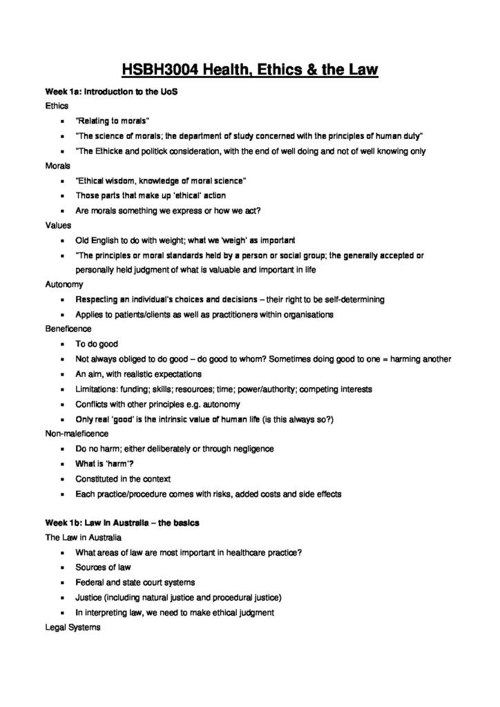 Health, Ethics and the Law (HSBH3004) notes