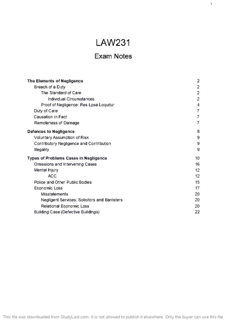 LAW 231A/B – Law of Torts exam notes