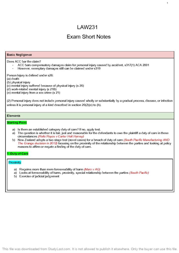 LAW 231A/B – Law of Torts short notes