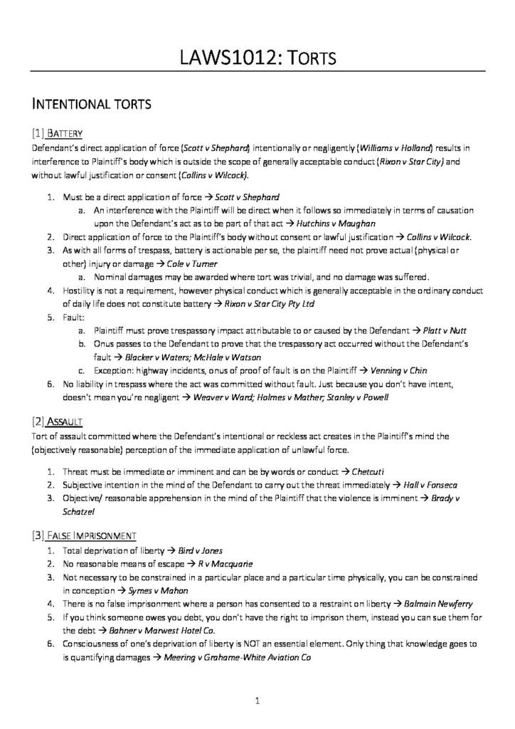 Torts (LAWS1012) scaffolded HD notes