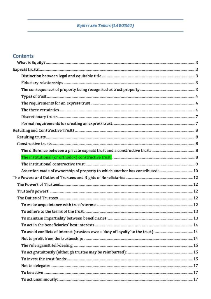 Equity and Trusts (LAWS301) exam notes
