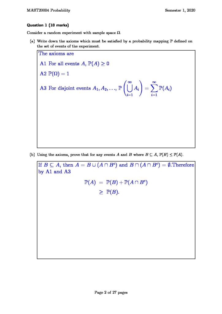 Probability (MAST20004) 2020 Semester 1 exam paper with answers
