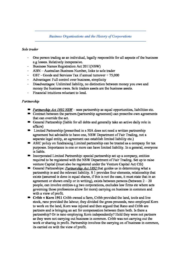 Business Organisations (LAWS256/LAW456) exam notes