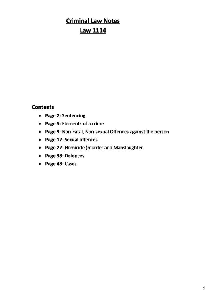 Criminal Law 1 (LAW1114) notes with cases