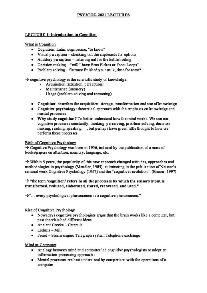 Cognition (PSY2COG) complete lecture notes