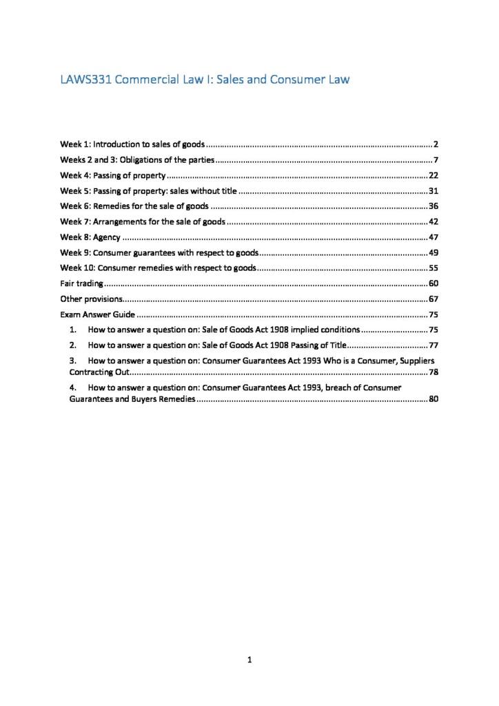 Commercial Law I: Sales and Consumer Law (LAWS331) exam notes