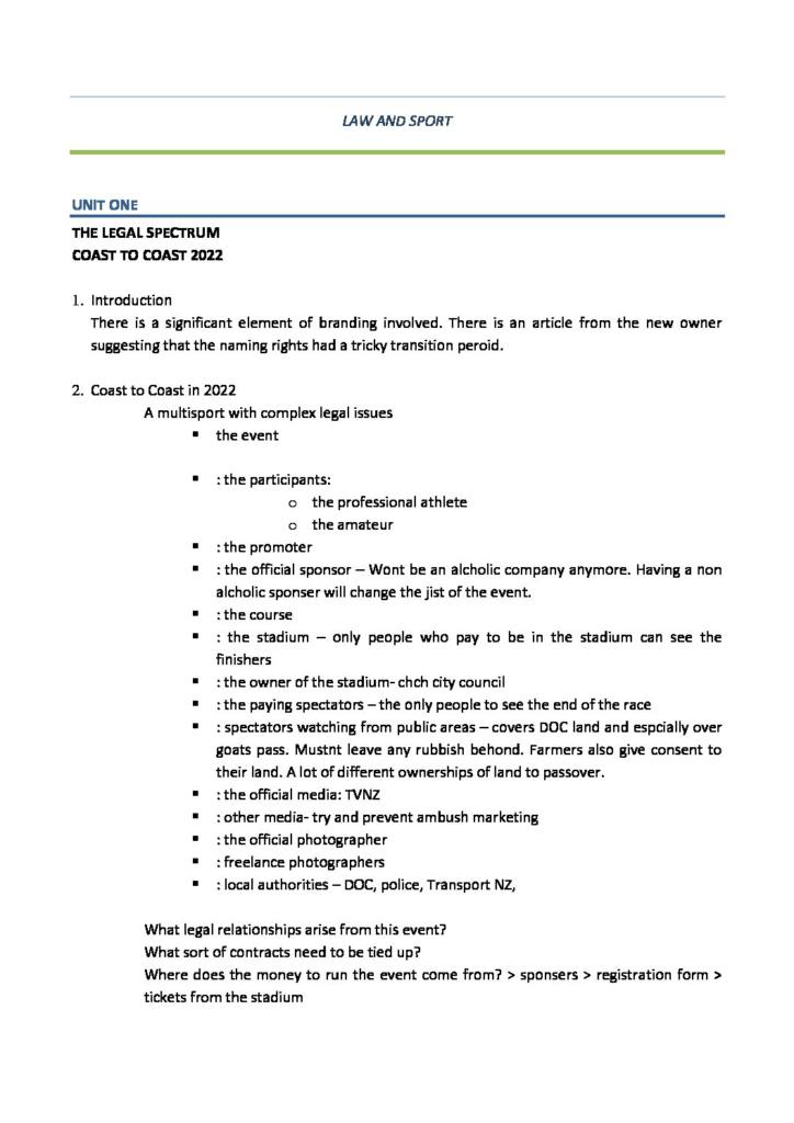Law and Sport (LAWS351) notes