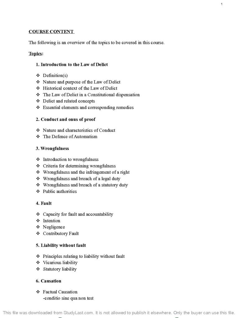 Law of Delict (PVL3003F) complete course notes