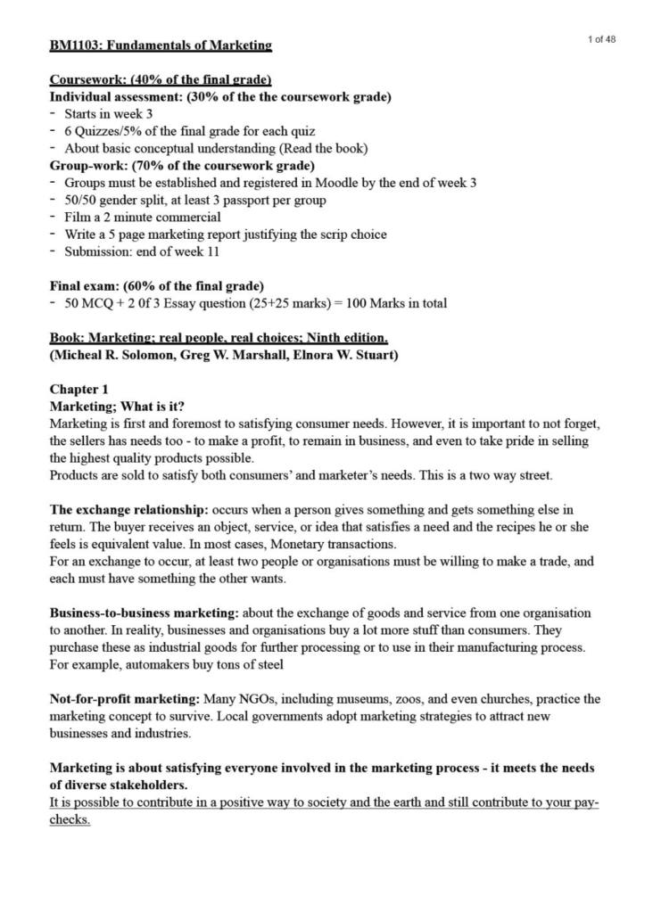 Fundamentals of Marketing (BM1103) full summary notes