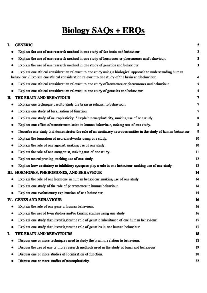 Biological Approach SAQs & ERQs sample essays – IB Psychology HL