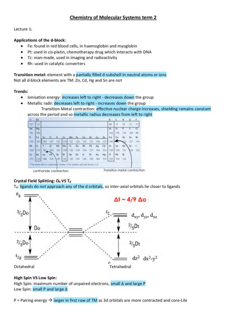 Chemistry of Molecular Systems (CHEM50005) final lecture notes