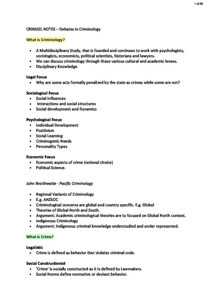 Debates in Criminology (CRIM 201) full summary notes