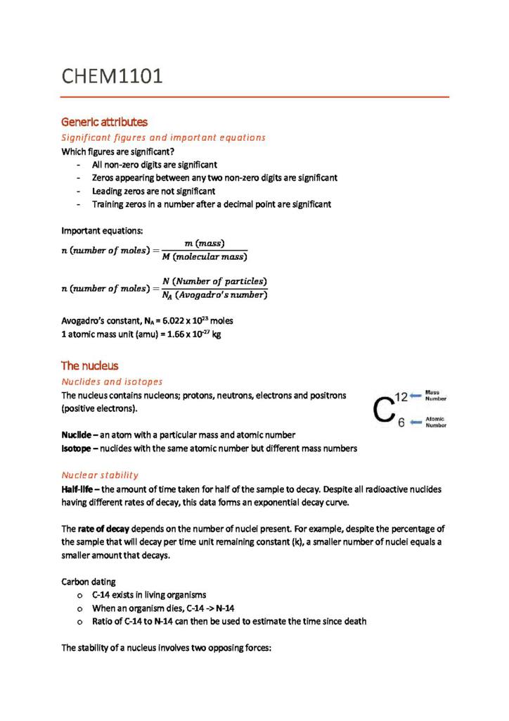 Fundamentals of Chemistry 1A (CHEM1011 & CHEM1111) HD summary notes