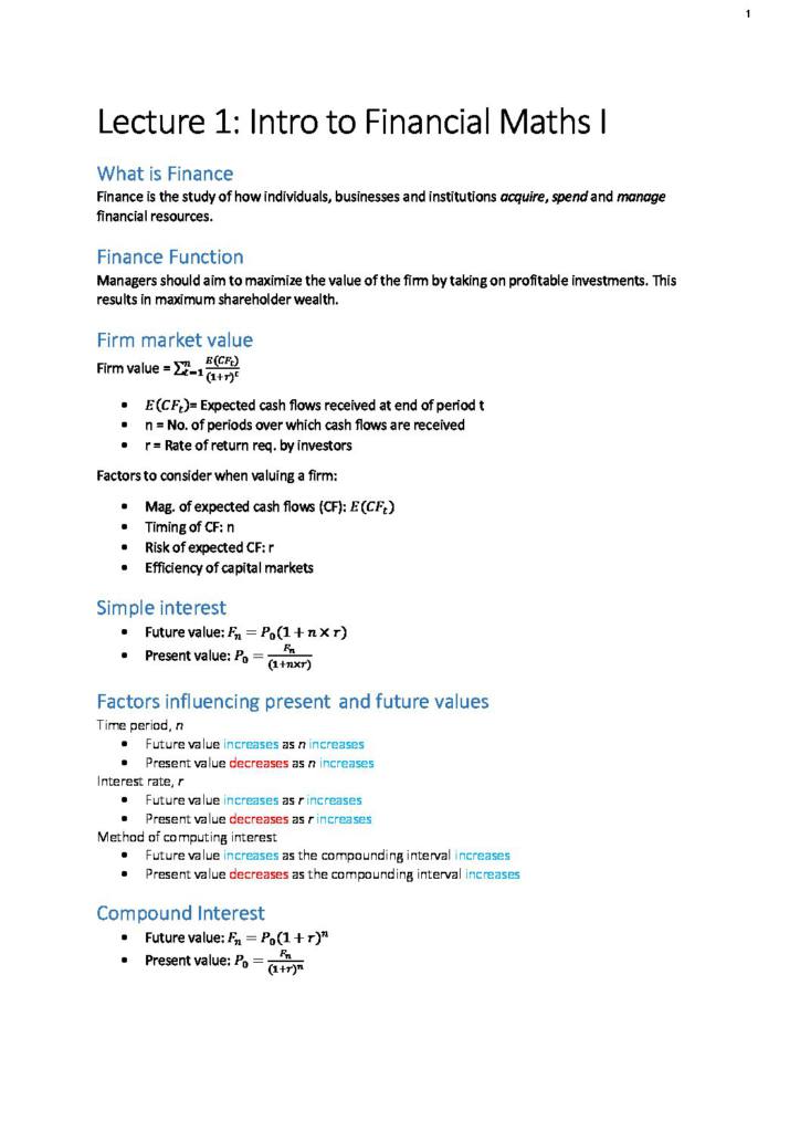 Business Finance (FNCE20001) concise notes