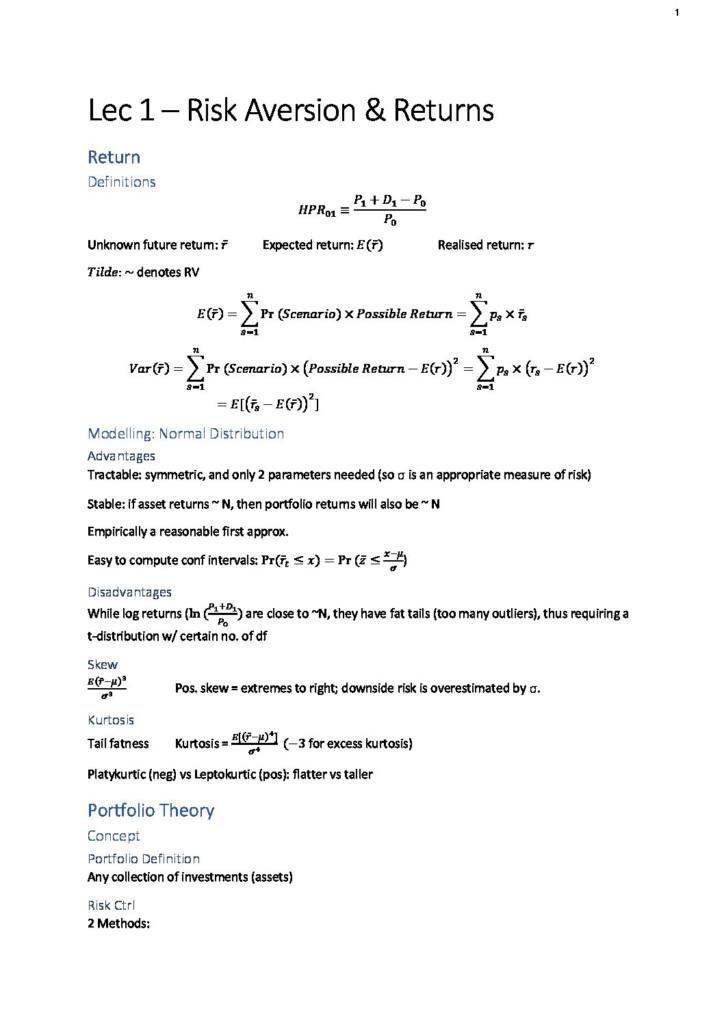 Investments (FNCE30001) concise notes