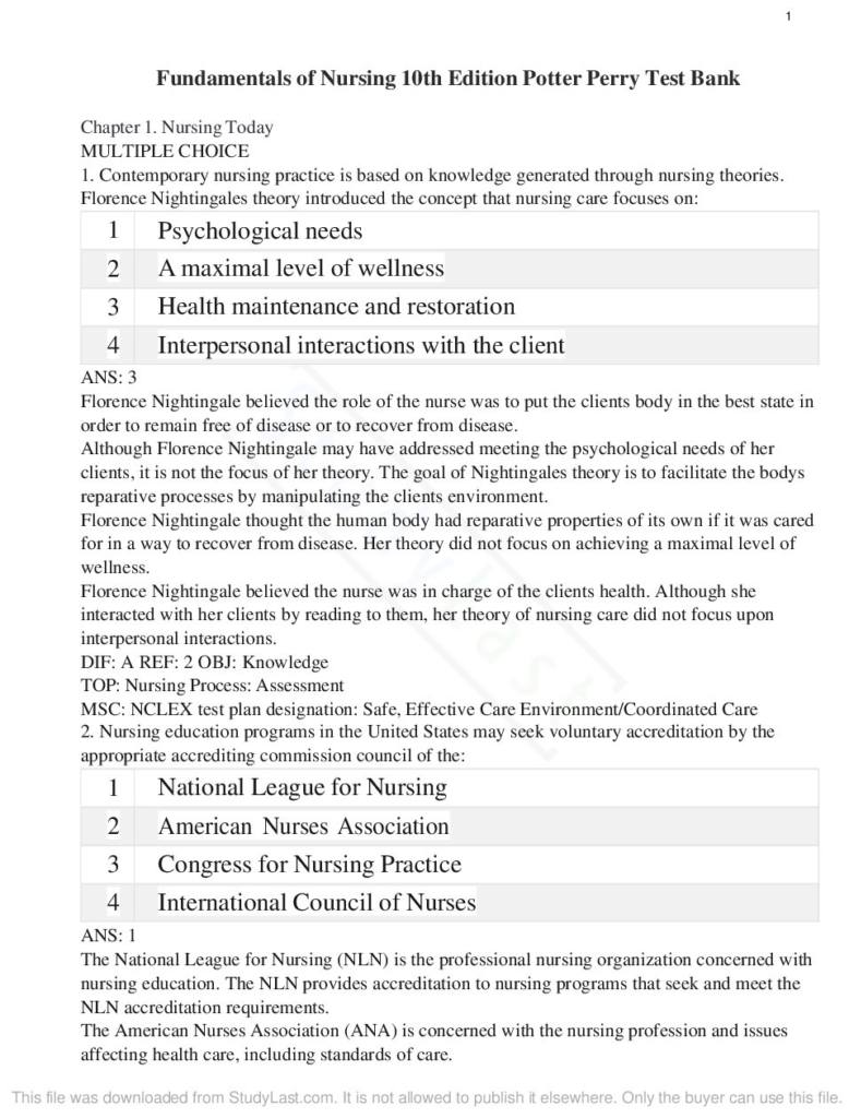 Fundamentals of Nursing 10th Edition test bank