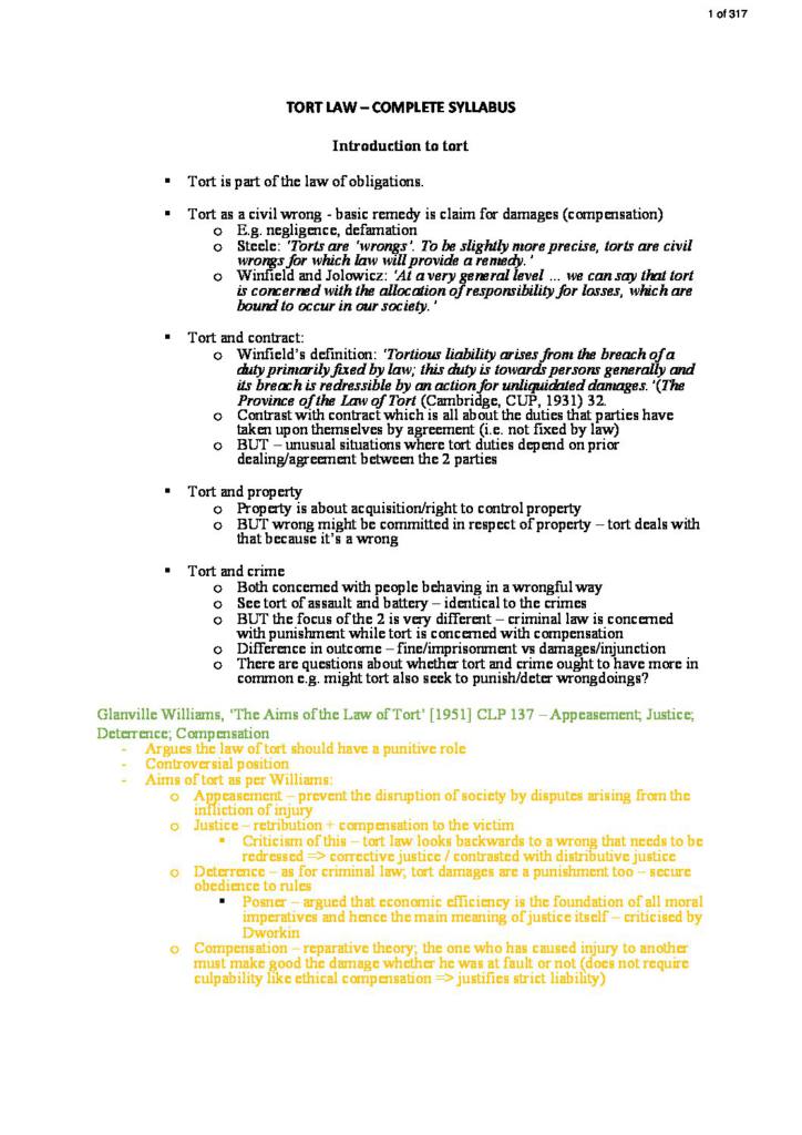Tort Law (LAWS0013) complete notes