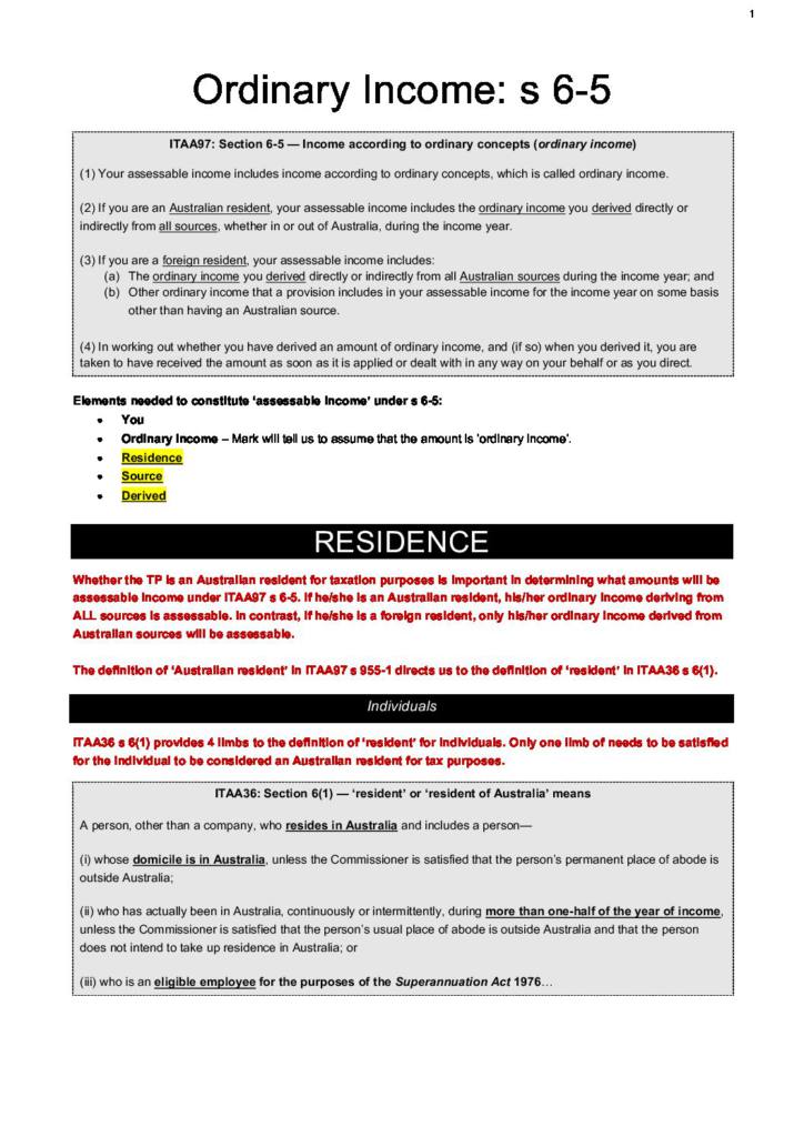 Taxation Law and Policy (LAWS50046) H1 exam notes