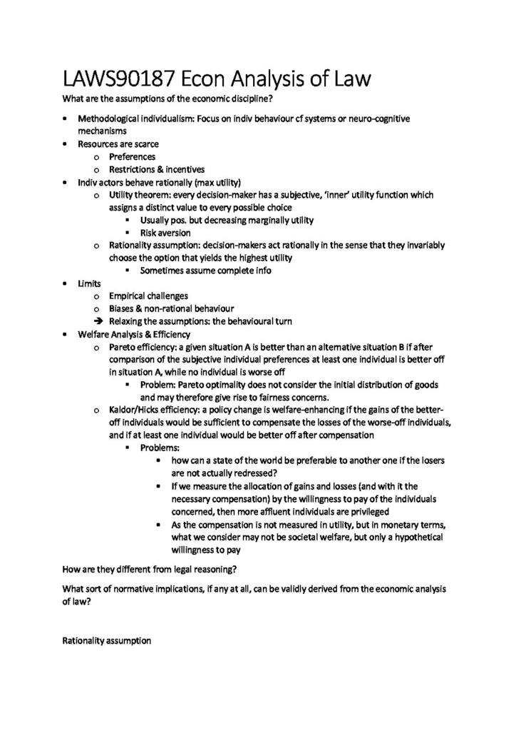 Economic Analysis of Law (LAWS90187) H1 final exam notes