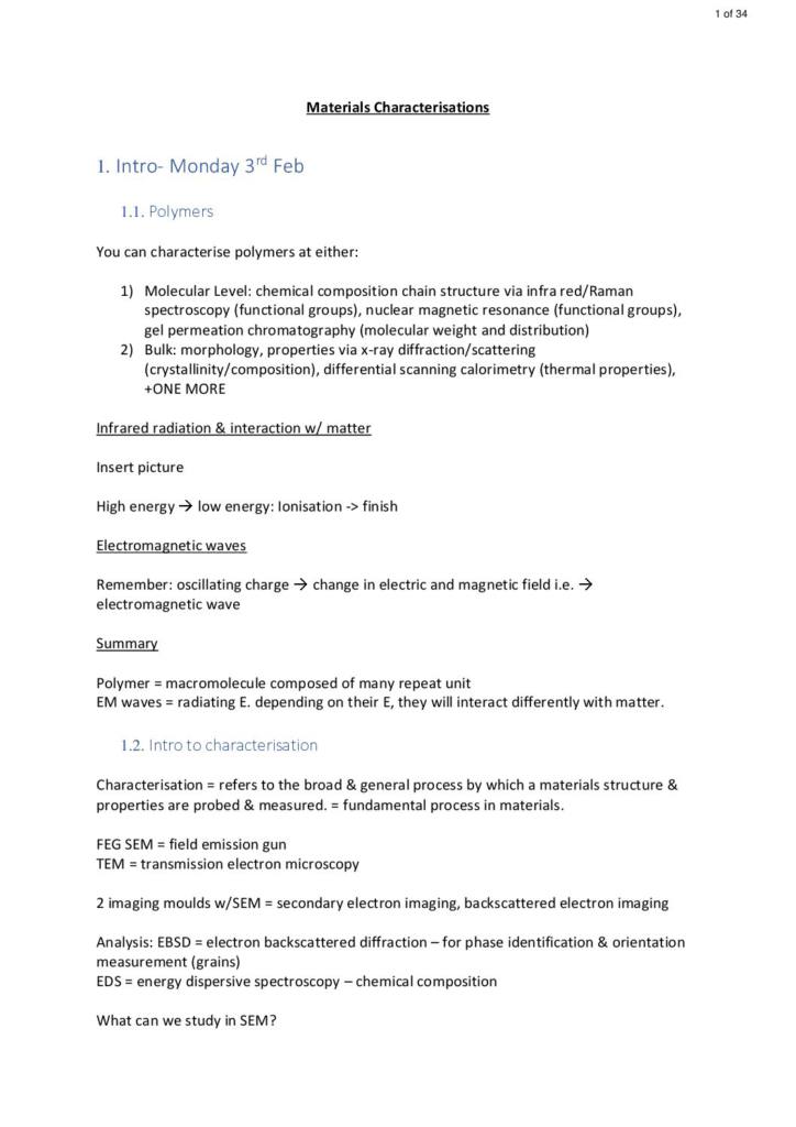 Advanced Materials Characterisation (MPB209) full notes