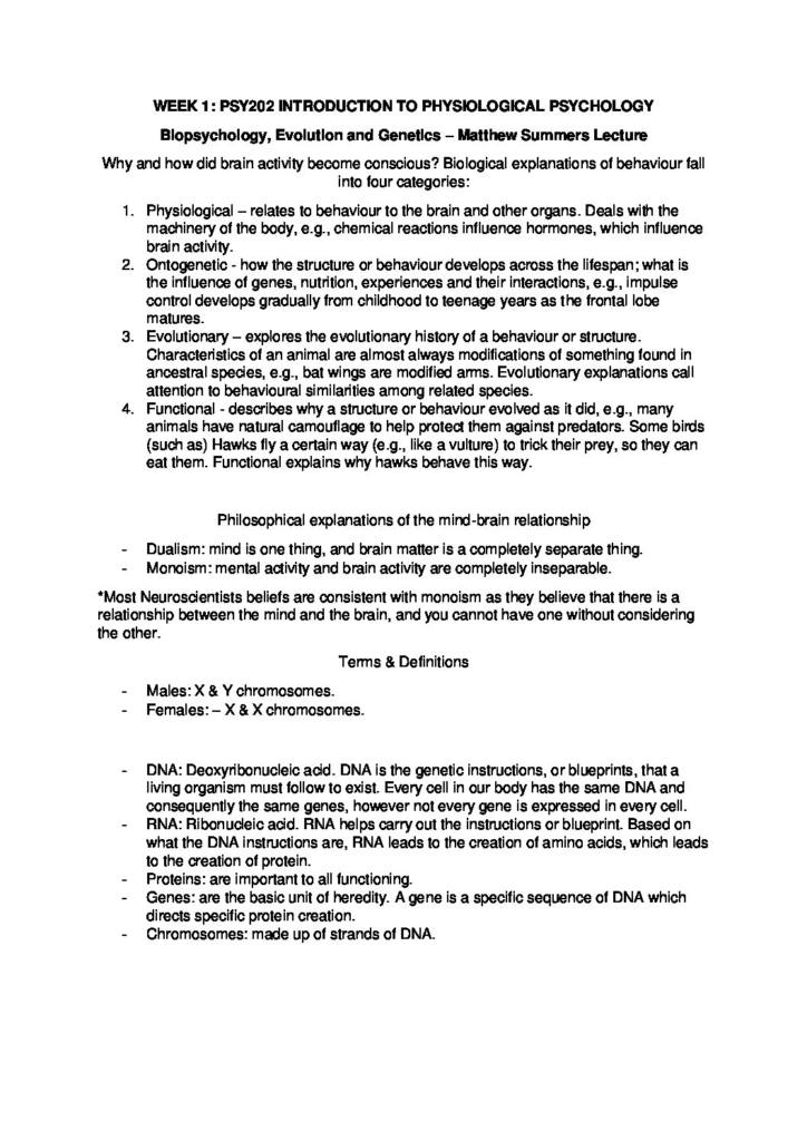 Physiological Psychology (PSY202) complete course notes