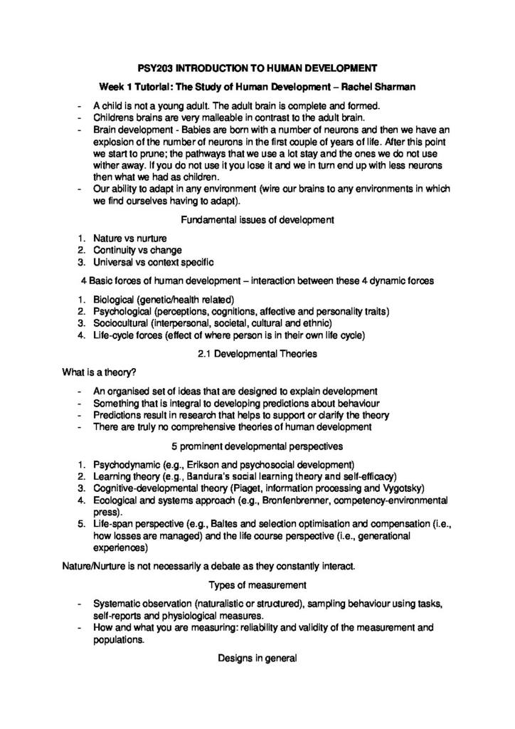 Notes for Introduction to Human Development (PSY203) (PSY203) at ...