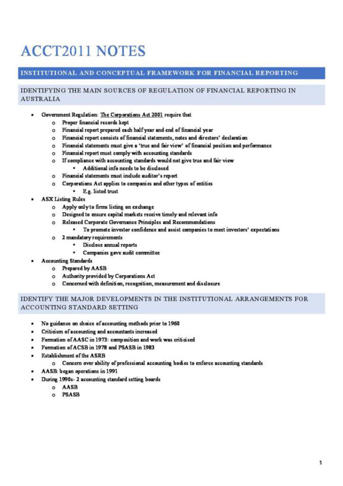 Notes for Financial Accounting A (ACCT2011) at University of Sydney