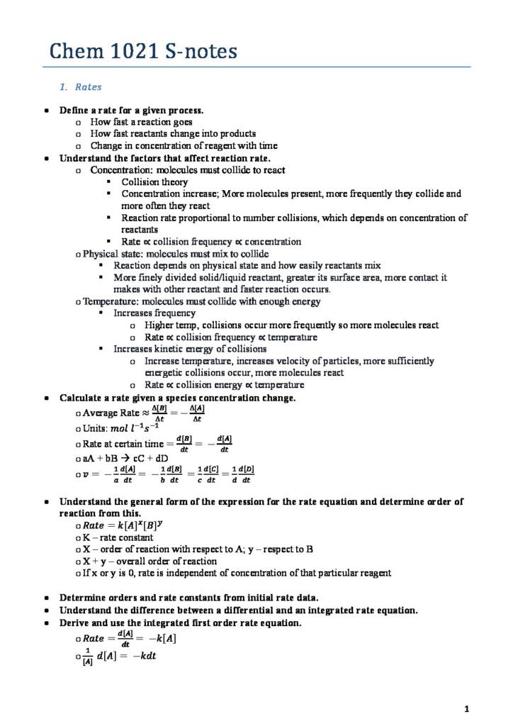 Chemistry 1B: Elements, Compounds and Life (CHEM1021) final exam notes