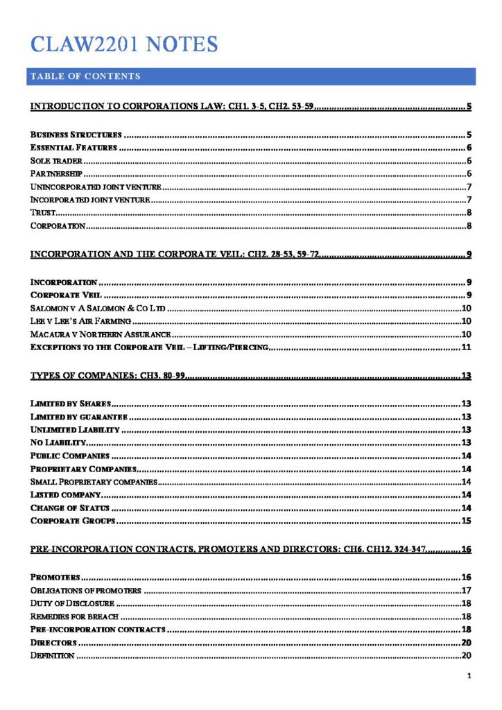 Corporations Law (CLAW2201) full notes