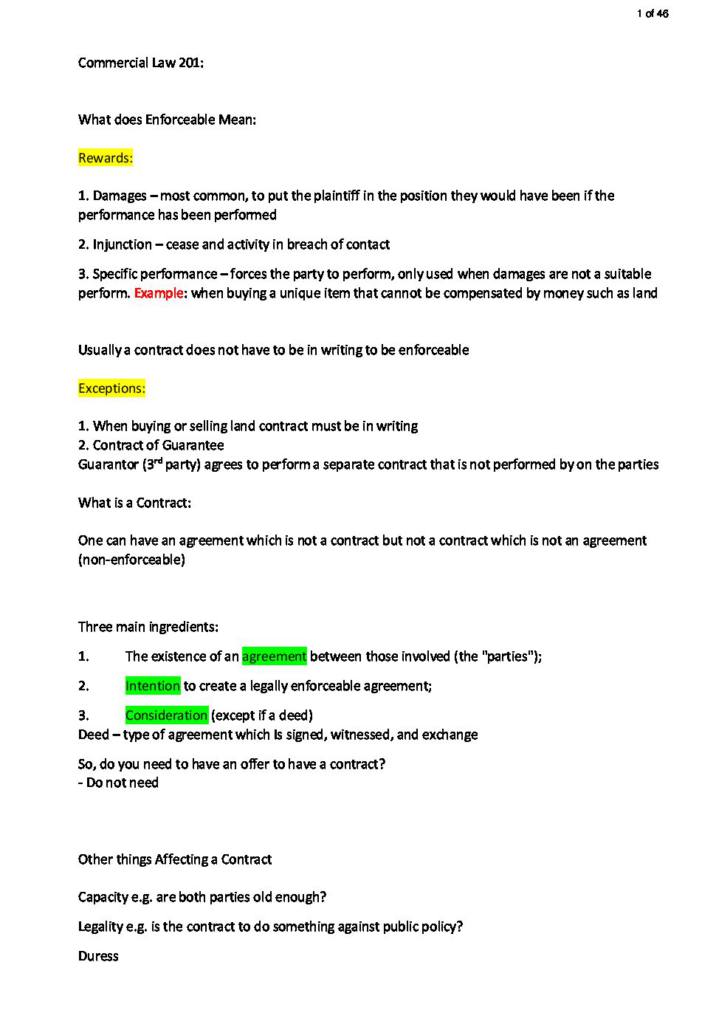 Commercial Contracts (COMLAW 201) lecture notes
