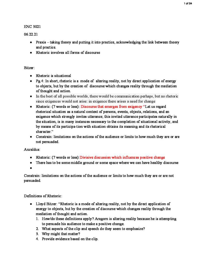 Rhetoric (ENC 3021) lecture summaries