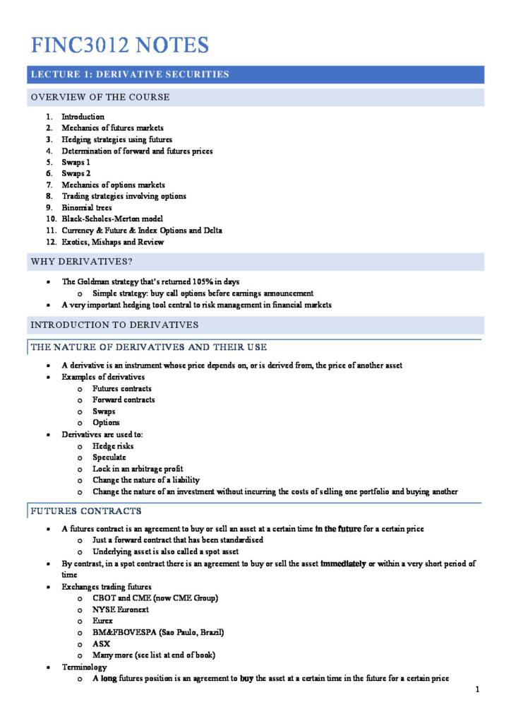 Derivative Securities (FINC3012) full notes