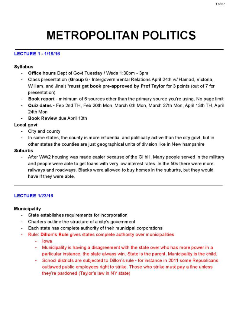 Metropolitan Politics (GOVT-240) notes